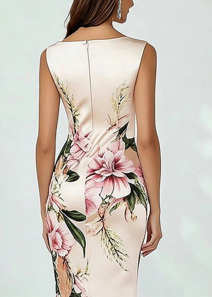 French Pink V Neck Print Silk Party Dress Sleeveless