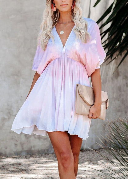 French Pink V Neck Tie Dye Cotton Mini Dresses Batwing Sleeve