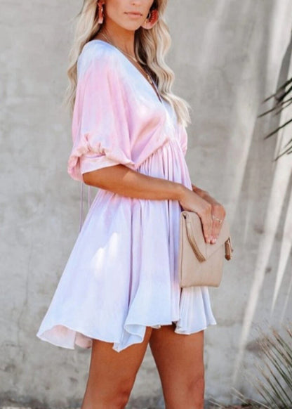 French Pink V Neck Tie Dye Cotton Mini Dresses Batwing Sleeve