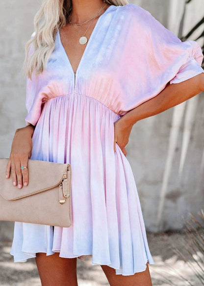 French Pink V Neck Tie Dye Cotton Mini Dresses Batwing Sleeve