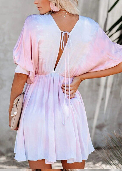 French Pink V Neck Tie Dye Cotton Mini Dresses Batwing Sleeve