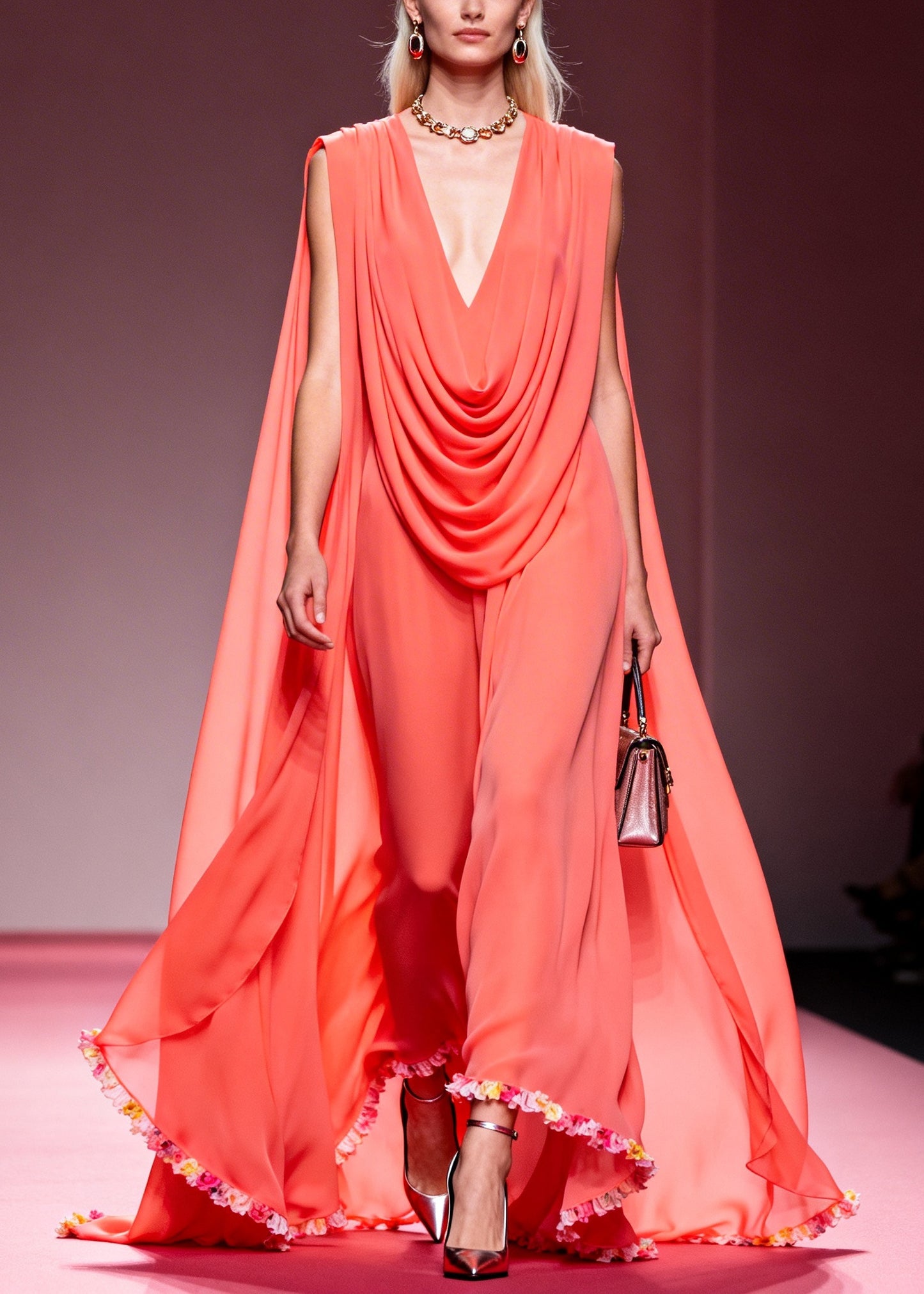 French Pink V Neck Wrinkled Exra Large Hem Chiffon Party Dress Summer