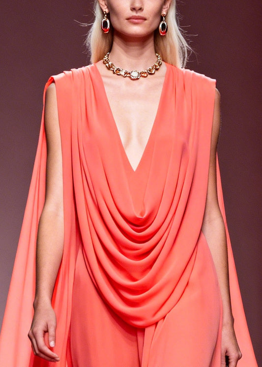 French Pink V Neck Wrinkled Exra Large Hem Chiffon Party Dress Summer