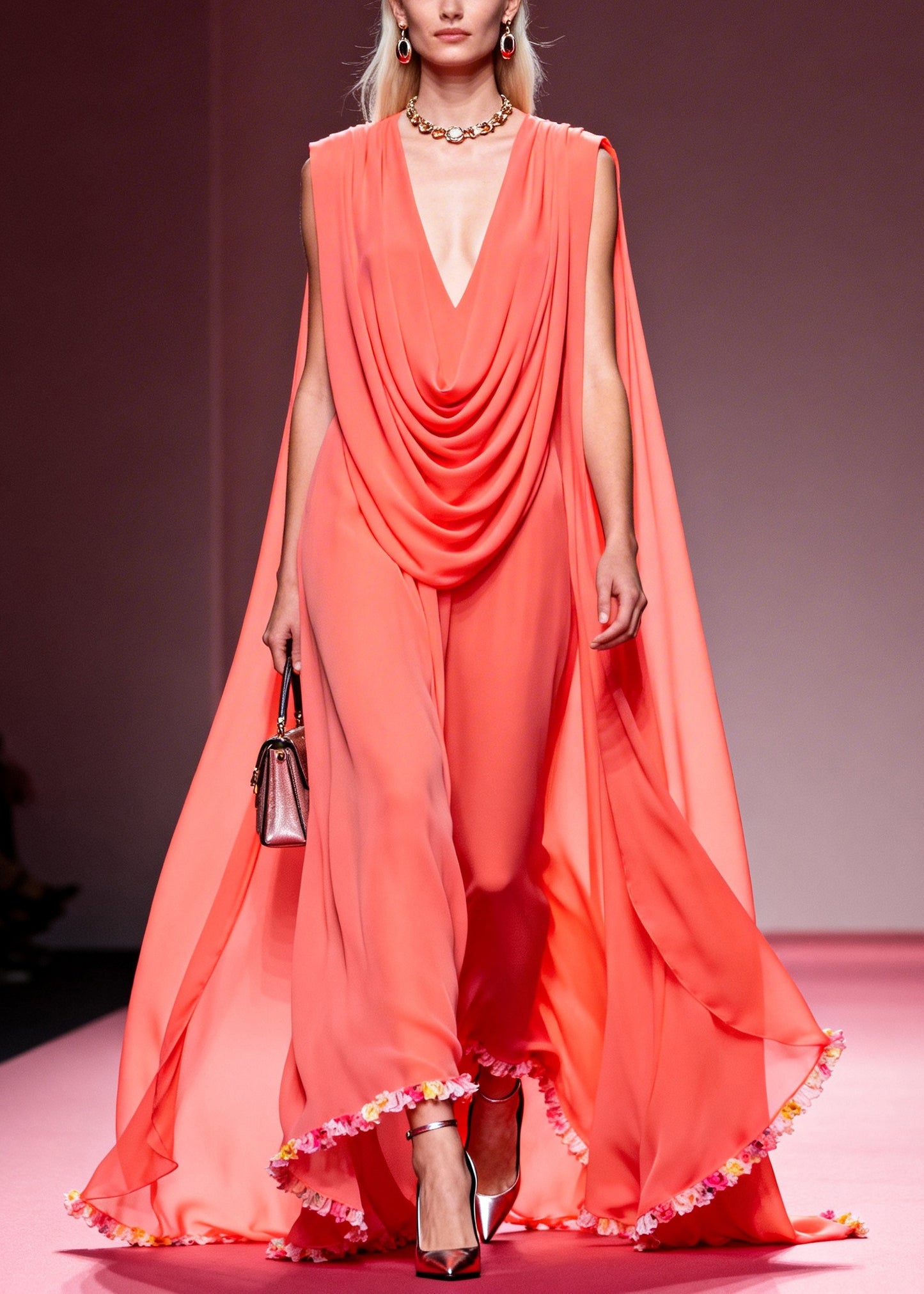 French Pink V Neck Wrinkled Exra Large Hem Chiffon Party Dress Summer