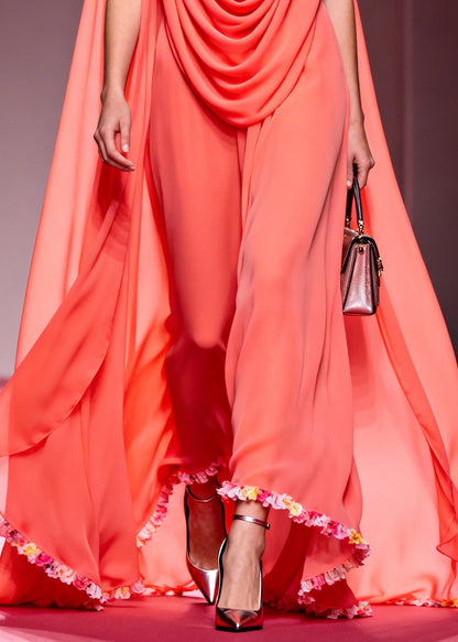 French Pink V Neck Wrinkled Exra Large Hem Chiffon Party Dress Summer