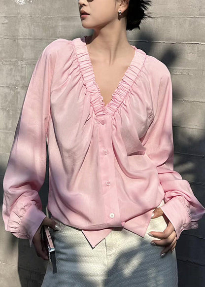French Pink V Neck Wrinkled Shirt Long Sleeve