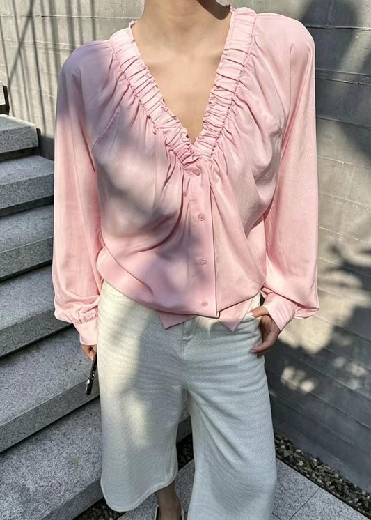 French Pink V Neck Wrinkled Shirt Long Sleeve