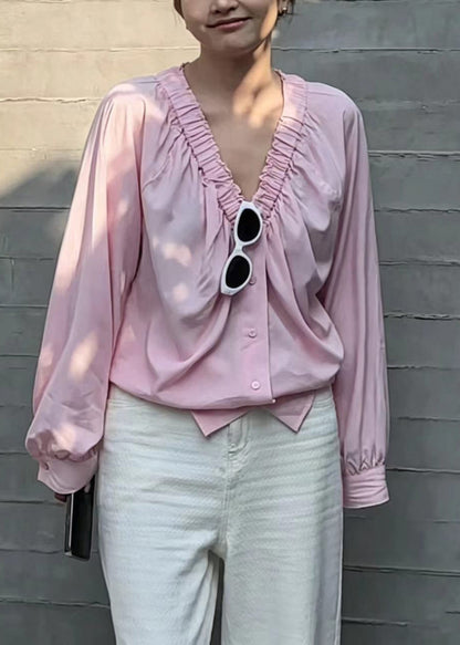 French Pink V Neck Wrinkled Shirt Long Sleeve