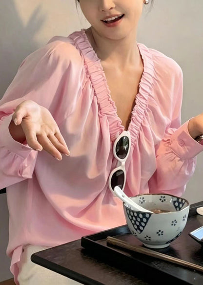 French Pink V Neck Wrinkled Shirt Long Sleeve
