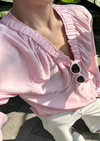 French Pink V Neck Wrinkled Shirt Long Sleeve