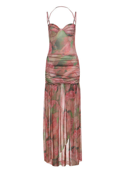 French Pink Wrinkled Print Tulle Spaghetti Strap Dress Summer