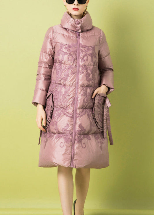 French Pink Zippered Print Pockets Duck Down Coat Winter