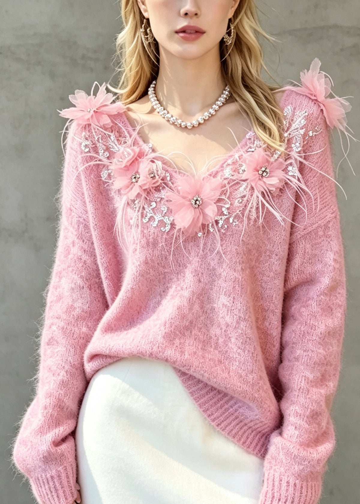 French Pink Zircon Feather Floral Knit Short Sweater Fall