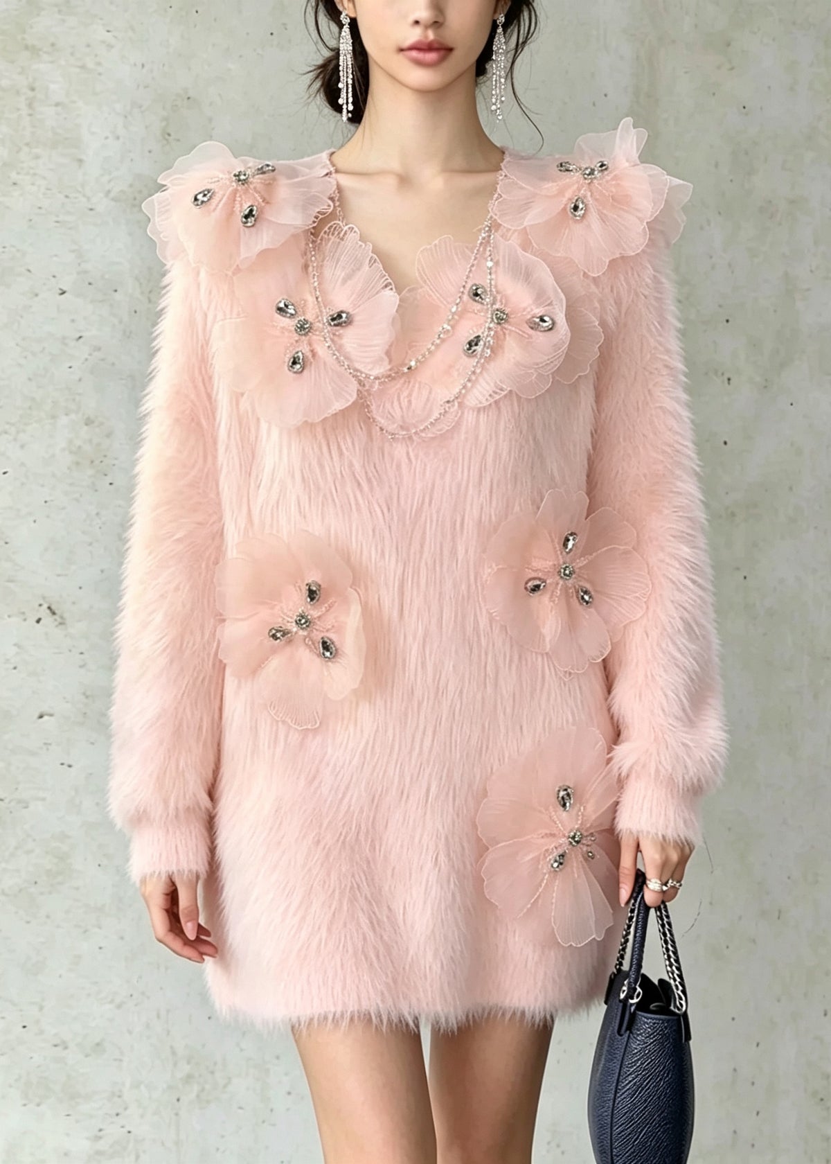 French Pink Zircon Floral Mink Hair Knit Sweater Fall