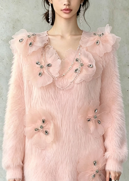 French Pink Zircon Floral Mink Hair Knit Sweater Fall