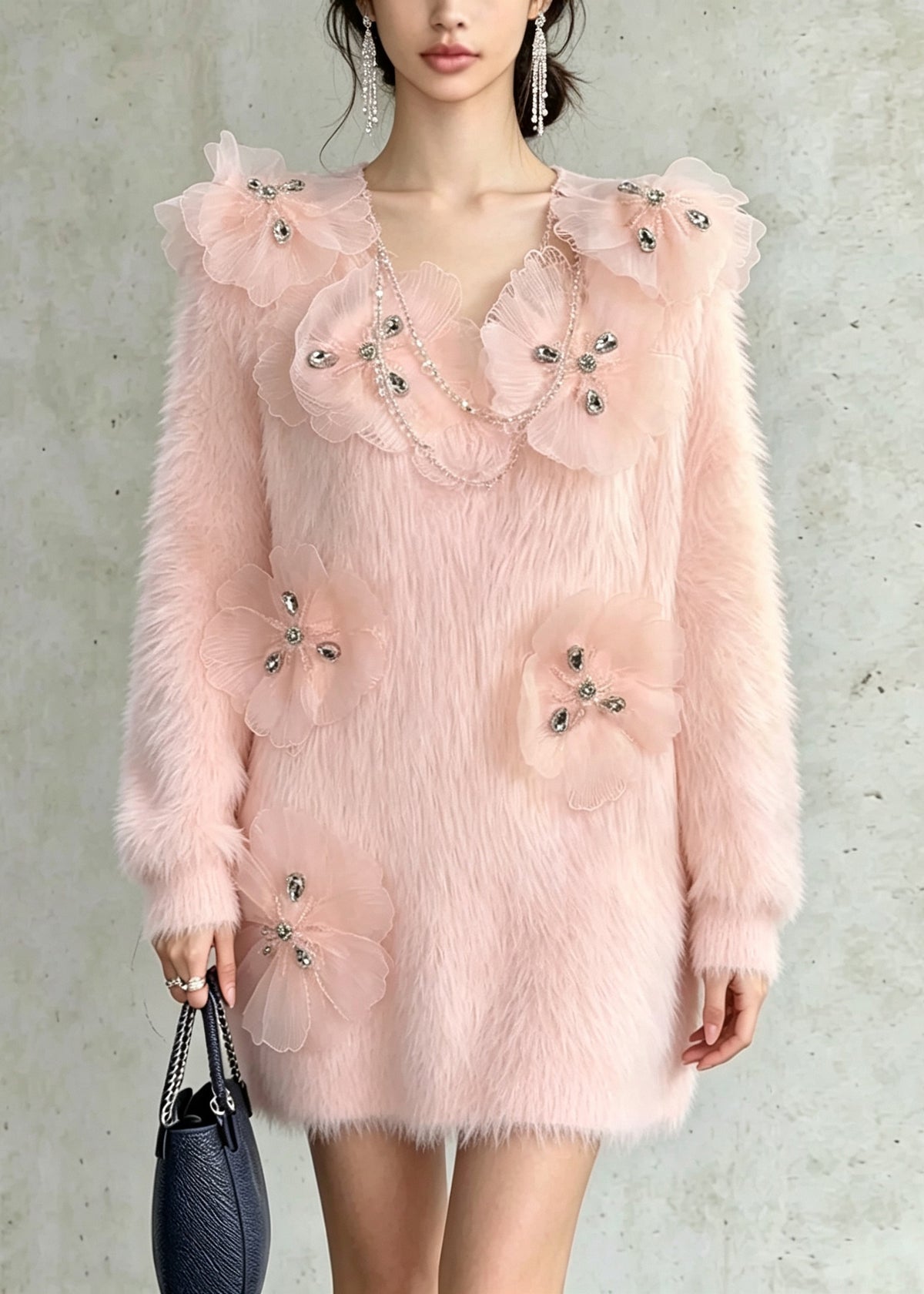 French Pink Zircon Floral Mink Hair Knit Sweater Fall