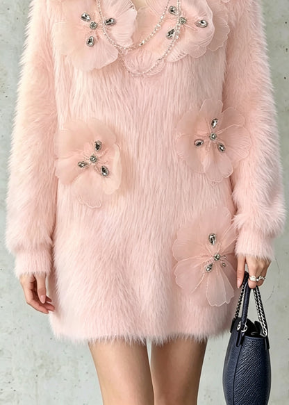 French Pink Zircon Floral Mink Hair Knit Sweater Fall