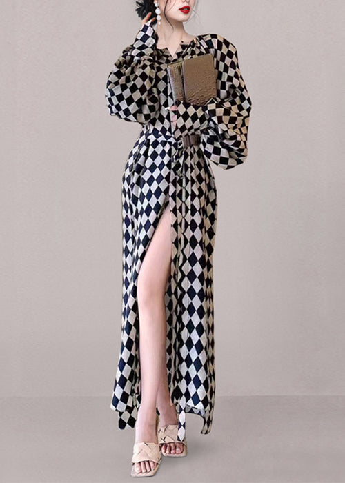 French Plaid Pockets Tie Waist Chiffon Long Dresses Fall