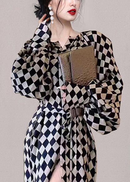 French Plaid Pockets Tie Waist Chiffon Long Dresses Fall