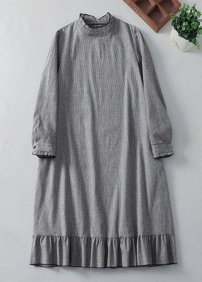 French Plaid Ruffled Pockets Cotton Dress Spring