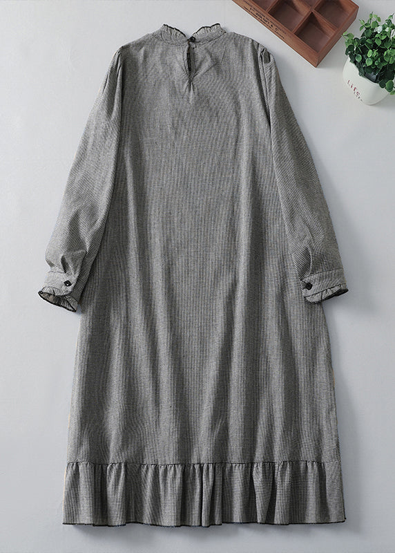 French Plaid Ruffled Pockets Cotton Dress Spring