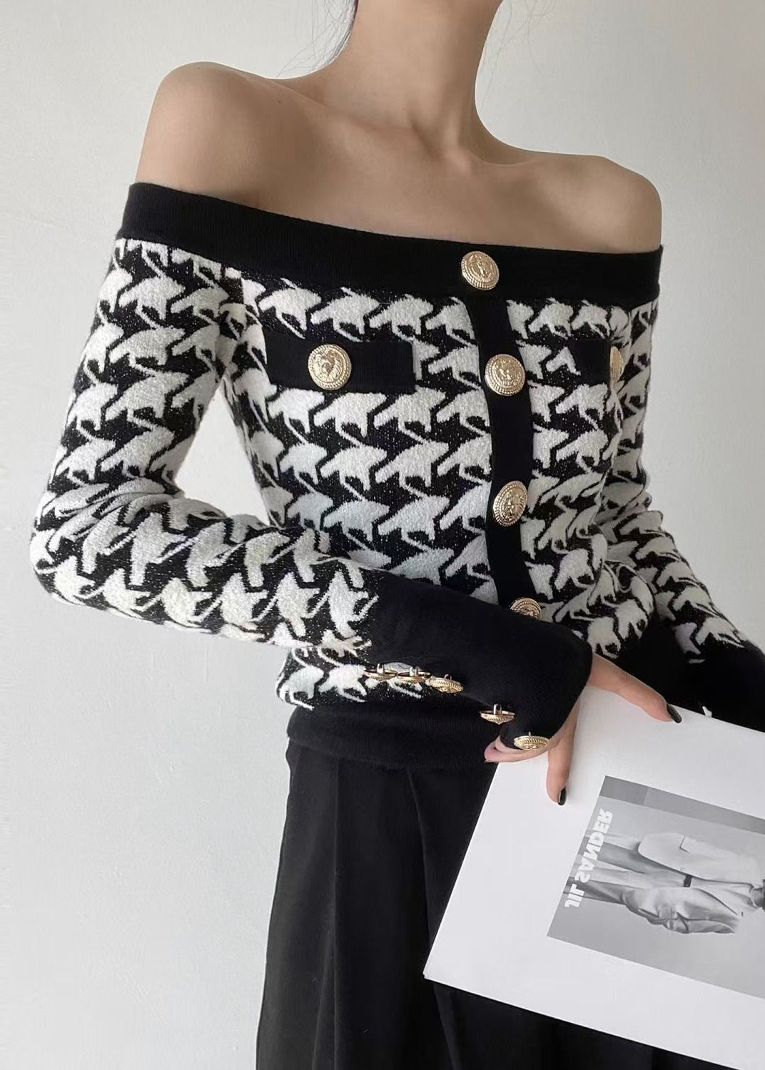 French Plaid Slash Neck Cold Shoulder Woolen Sweater Spring