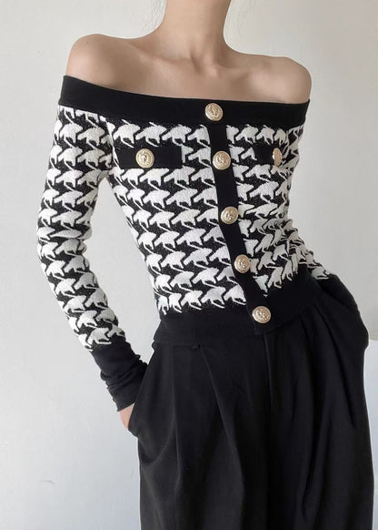 French Plaid Slash Neck Cold Shoulder Woolen Sweater Spring