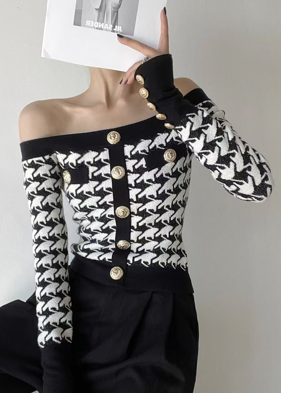 French Plaid Slash Neck Cold Shoulder Woolen Sweater Spring