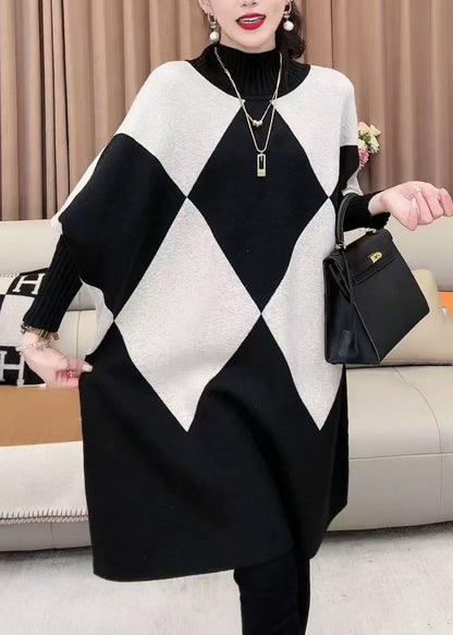 French Plaid Turtleneck Loose Knit Sweater Batwing Sleeve