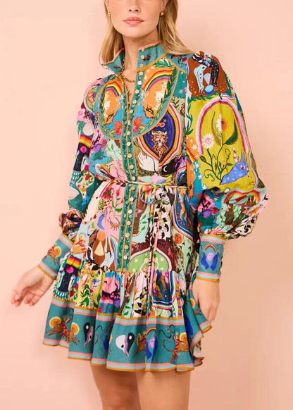 French Print Button Tie Waist Cotton Mid Dress Spring