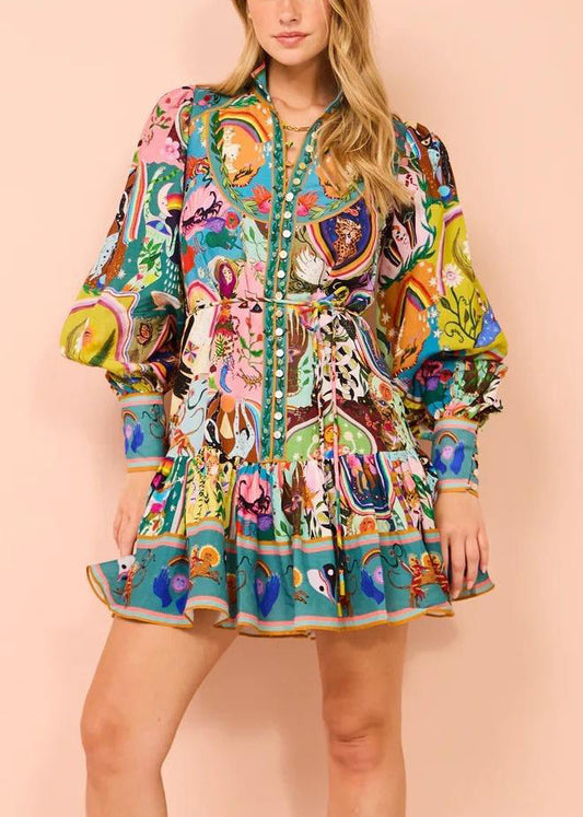 French Print Button Tie Waist Cotton Mid Dress Spring