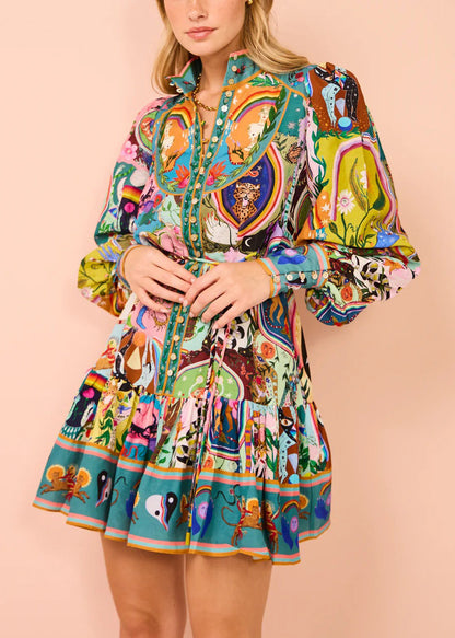 French Print Button Tie Waist Cotton Mid Dress Spring