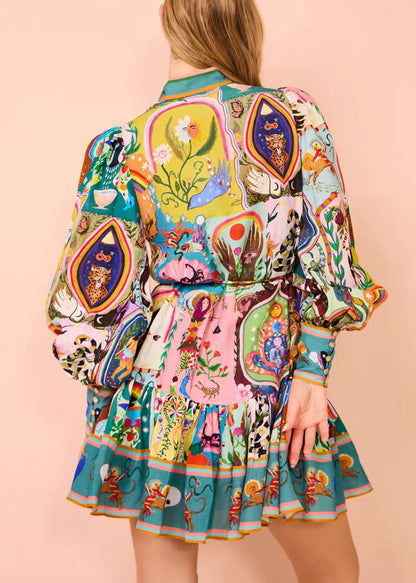 French Print Button Tie Waist Cotton Mid Dress Spring