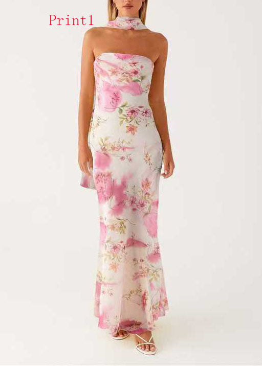 French Print Chiffon Strapless Maxi Dresses Sleeveless