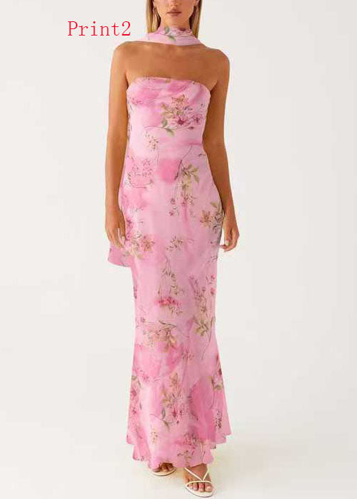 French Print Chiffon Strapless Maxi Dresses Sleeveless