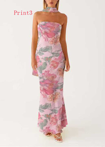 French Print Chiffon Strapless Maxi Dresses Sleeveless