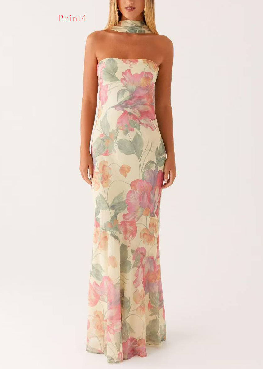 French Print Chiffon Strapless Maxi Dresses Sleeveless