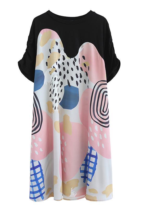 French Print Dress O Neck Short Sleeve Summer Dress - SooLinen