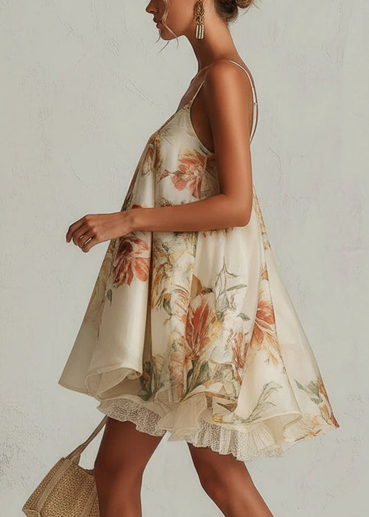French Print Lace Chiffon Spaghetti Strap Dress Summer