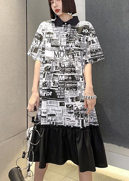 French Print Patchwork Cotton Turn-down Collar Summer Dresses - SooLinen