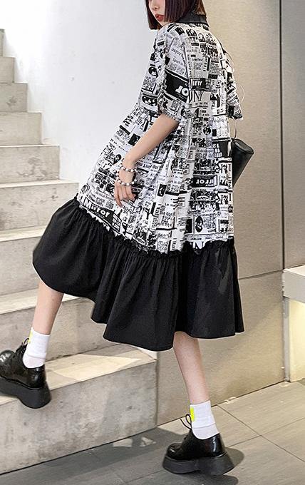 French Print Patchwork Cotton Turn-down Collar Summer Dresses - SooLinen