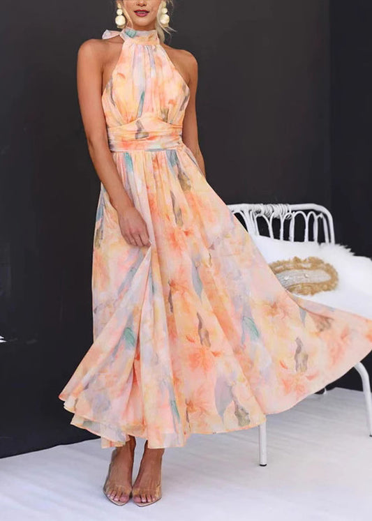 French Print Wrinkled Chiffon Vacation Dress Sleeveless