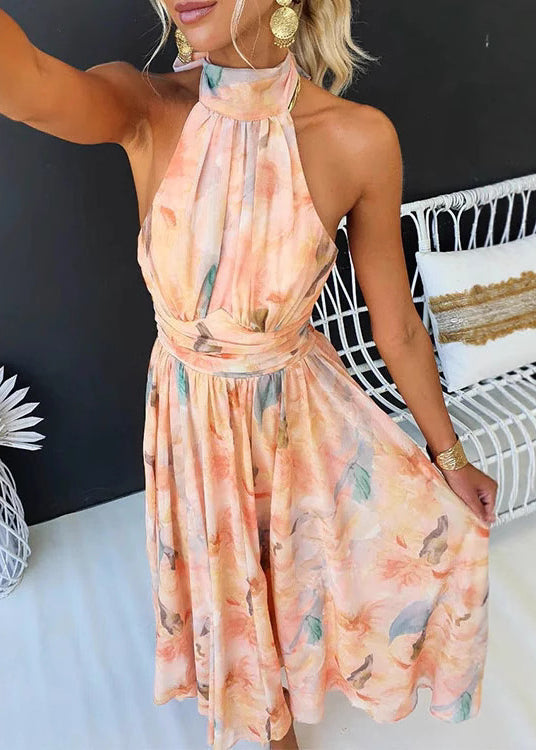 French Print Wrinkled Chiffon Vacation Dress Sleeveless