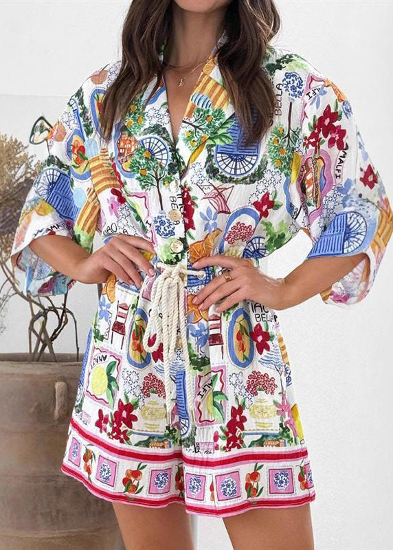 French Print Wrinkled Vacation Mid Dresses Half Sleeve