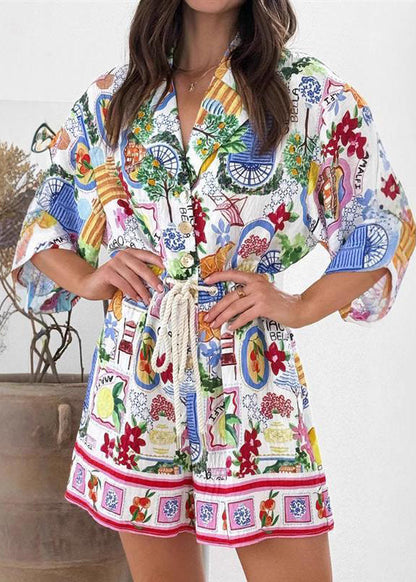 French Print Wrinkled Vacation Mid Dresses Half Sleeve