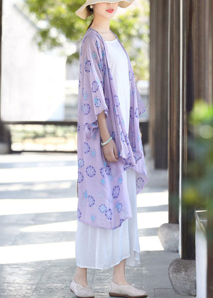 French Purple Asymmetrical Print Cotton UPF 50+ Cardigans Summer