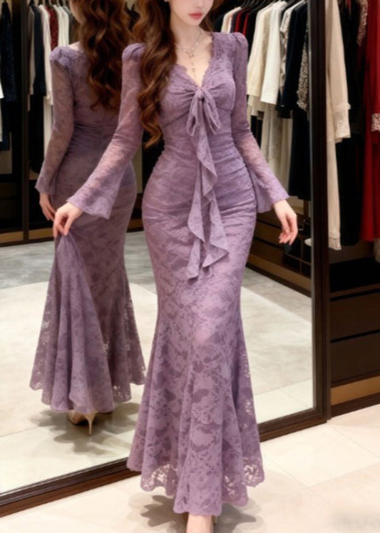 French Purple Bow Lace Slim Fit Maxi Dresses Spring
