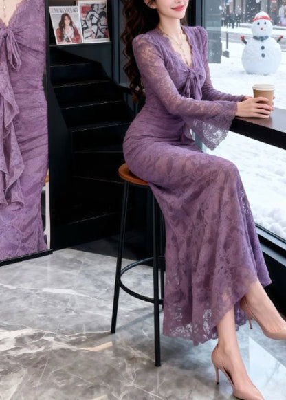French Purple Bow Lace Slim Fit Maxi Dresses Spring