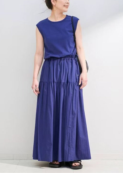 French Purple Cinched Patchwork Cotton Maxi Dress Sleeveless
