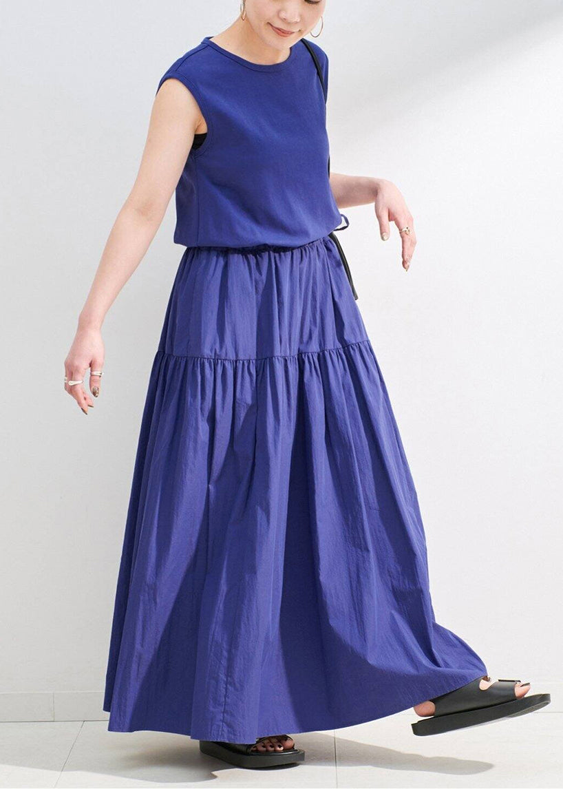 French Purple Cinched Patchwork Cotton Maxi Dress Sleeveless